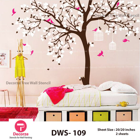 Tree branch with birds and cage Stencil | Wall Painting Designs| Painting Ideas DWS-109