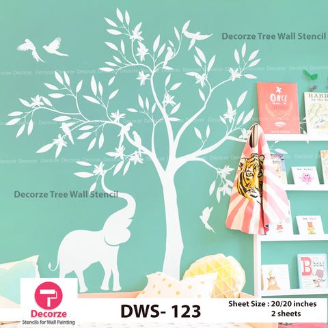 Big Tree with Birds and Elephant Stencil | Wall Painting Designs| Painting Ideas DWS-123