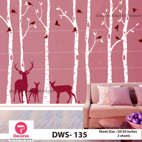 Birch Tree with Birds and Deer Wall stencil  | Wall Painting Designs| Painting Ideas DWS-135