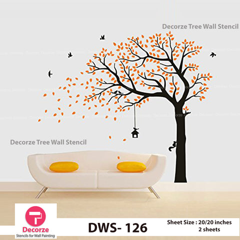 Autumn Tree Falling Leaves and Flying Birds Wall Stencil | Wall Painting Designs| Painting Ideas DWS-126