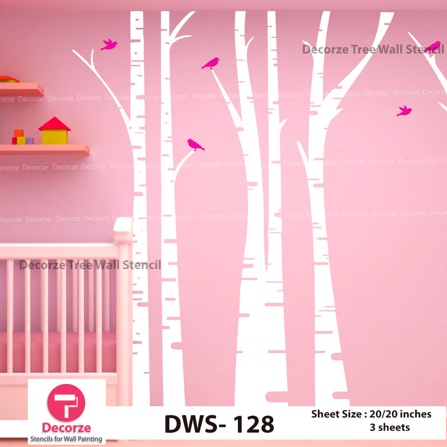 Birch Tree with Birds Stencil Wall Painting Designs| Painting Ideas DWS-128