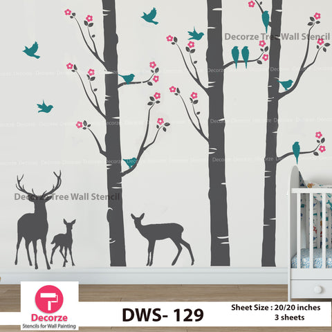 Birch Tree with Flowers Stencil | Birds and Deer Stencil | Wall Painting Designs| Painting Ideas DWS-129