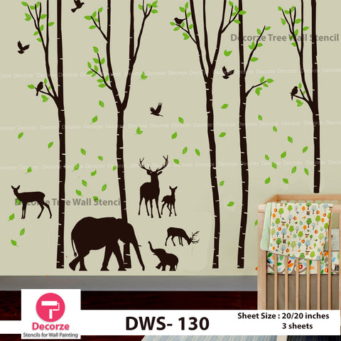 Forest Stencil | Birch Tree Falling Leaves Stencil | Birds Deer and Elephant wall stencil | Painting Ideas DWS-130