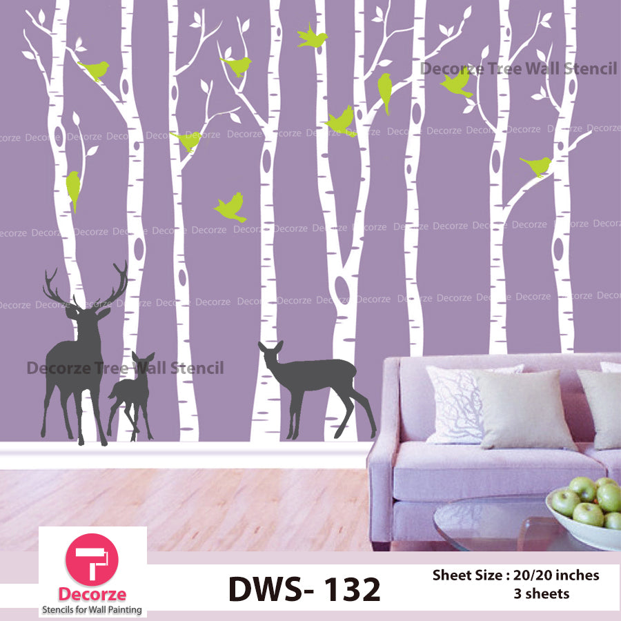 Birch Tree with birds and Deer’s wall Stencil | Wall Painting Designs| Painting Ideas DWS-132