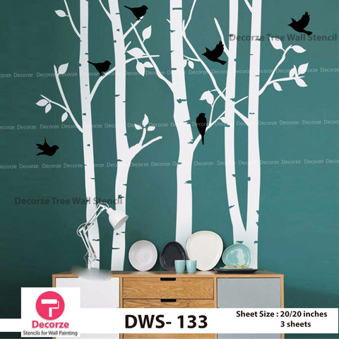 Birch Tree and Birds Wall Stencil | Wall Painting Designs| Painting Ideas DWS-133