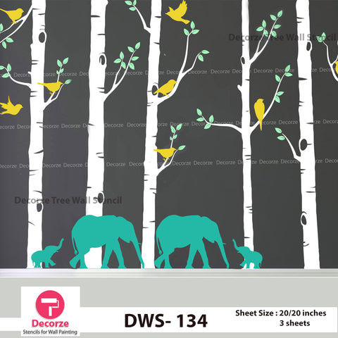 Birch Tree with Birds and Elephant Wall stencil | Wall Painting Designs| Painting Ideas DWS-134