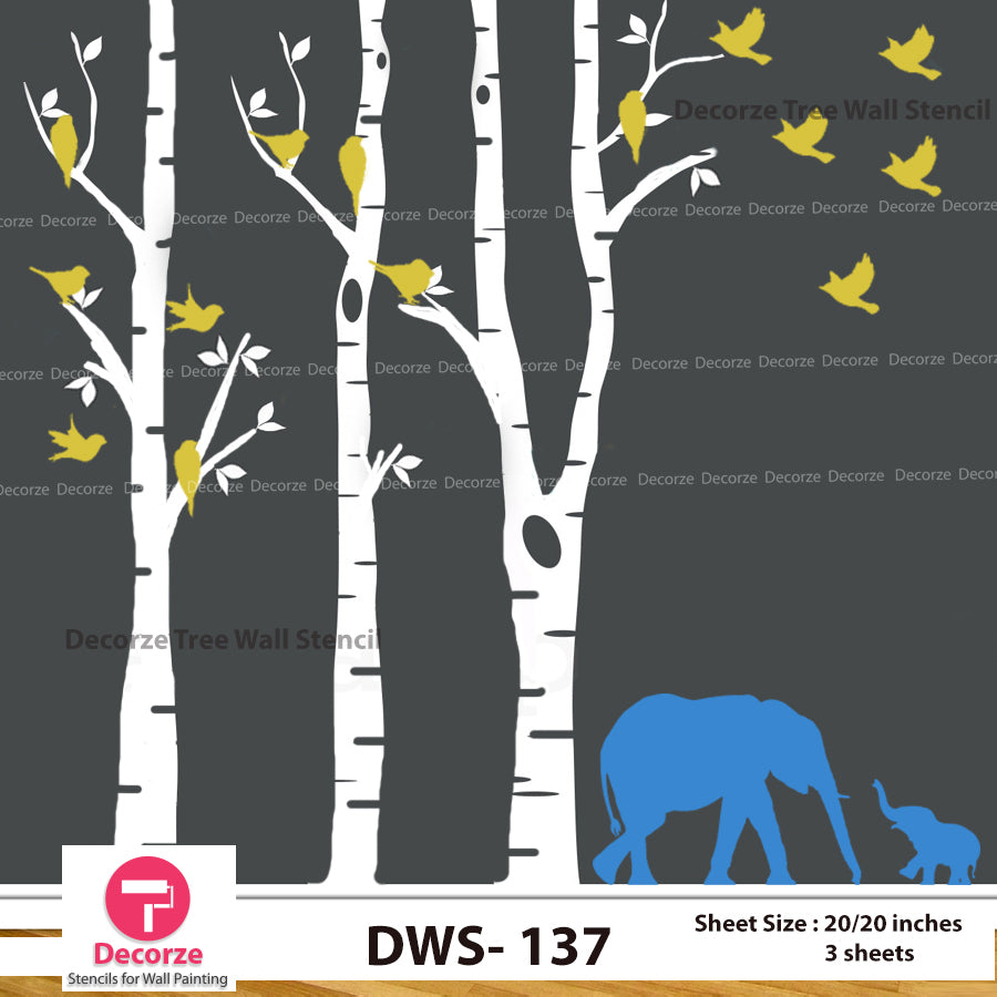Birch Tree with Birds and Elephant Wall Stencil| Wall Painting Designs| Painting Ideas DWS-137