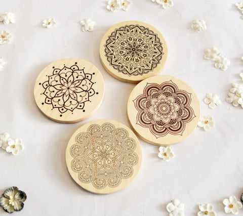 Maple wooden Mandala Coasters set of 4